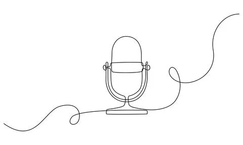 Continuous one line drawing of podcast microphone. Vintage mike in simple linear Stock Illustration