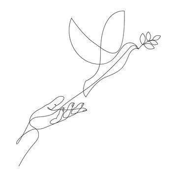 Continuous one line drawing of releasing a dove with olive branch from hand. Stock Illustration