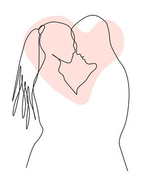 Continuous One line Drawing Romantic couple with Abstract color heart. Vector Stock Illustration