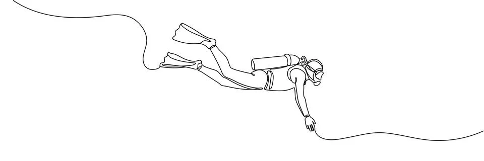 Continuous one line drawing of scuba diver illustration. Scuba diver under th Stock Illustration