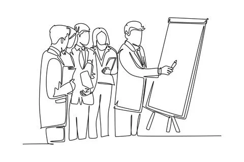 Continuous one line drawing senior manager giving presentation and instruct.. Stock Illustration