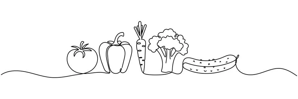 Continuous one line drawing of set of vegetables. One line drawing illustra.. Stock Illustration