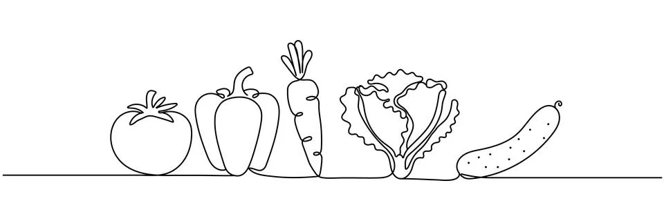 Continuous one line drawing of set of vegetables. One line drawing illustra.. Stock Illustration