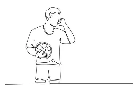 Continuous one line drawing of soccer player holding football ball and talk.. Stock Illustration