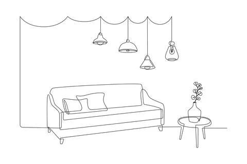 Continuous one line drawing of sofa and table with vase with monstera leaf and Stock Illustration
