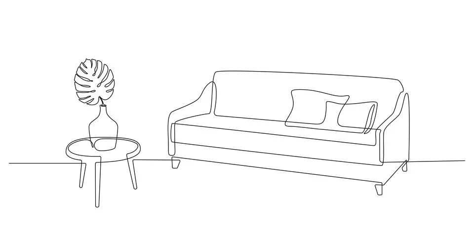 Continuous one line drawing of sofa with cushions and table with vase with Stock Illustration