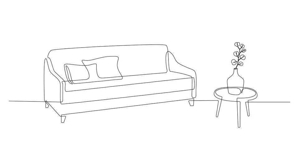 Continuous one line drawing of sofa and table with vase with plant. Scandinavian Stock Illustration