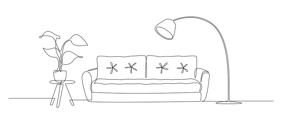 Continuous one line drawing of sofa and floor lamp and table with plant Stock Illustration