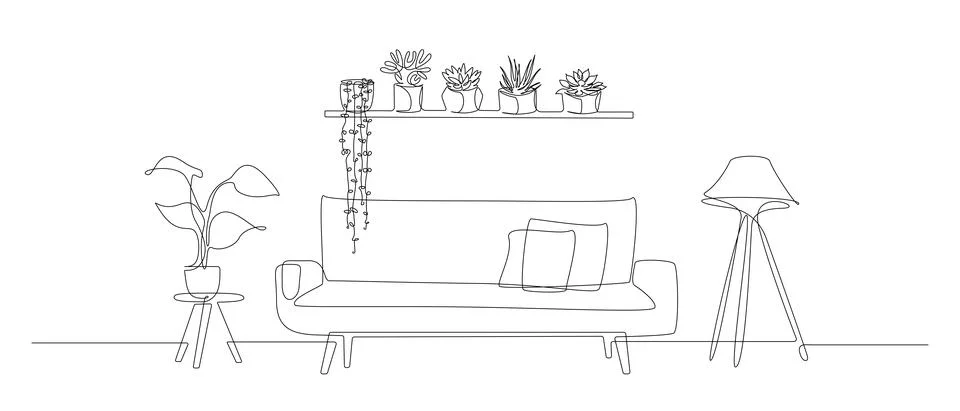 Continuous one line drawing of sofa and wall shelf with potted plants and floor Stock Illustration
