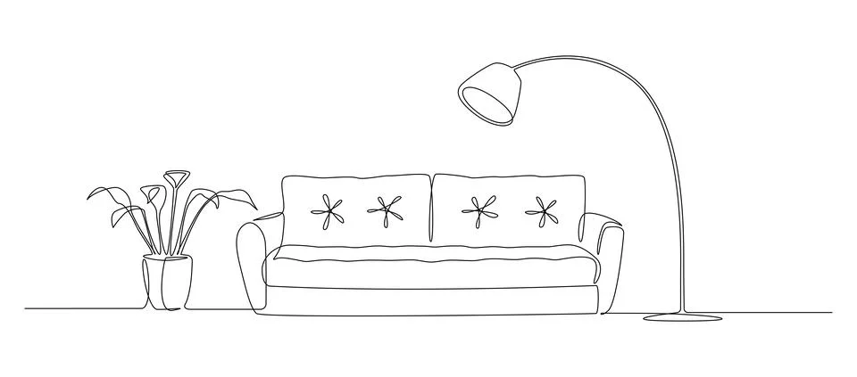 Continuous one line drawing of sofa and loft lamp and plant. Scandinavian Illustrazione stock
