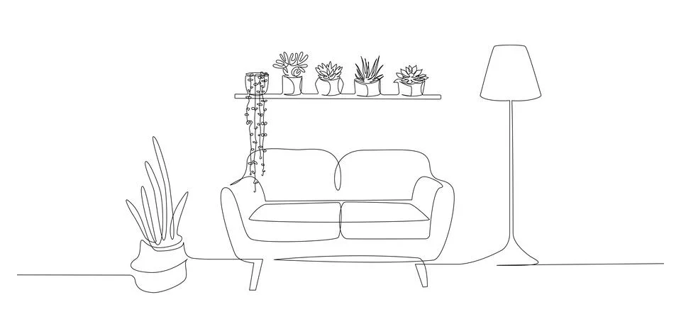 Continuous one line drawing of sofa and wall shelf with potted plants and floor Stock Illustration