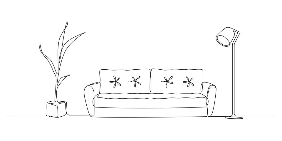 Continuous one line drawing of sofa and lamp and potted plant. Scandinavian Stock Illustration