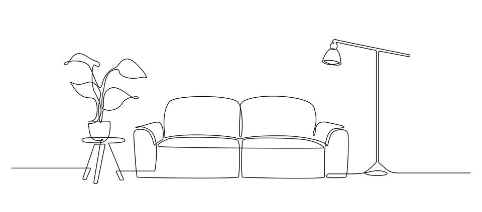 Continuous one line drawing of sofa and lamp and table with plant. Living room Stock Illustration