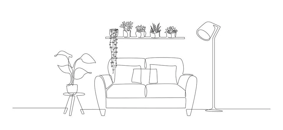 Continuous one line drawing of sofa and wall shelf with potted plants and floor Stock Illustration