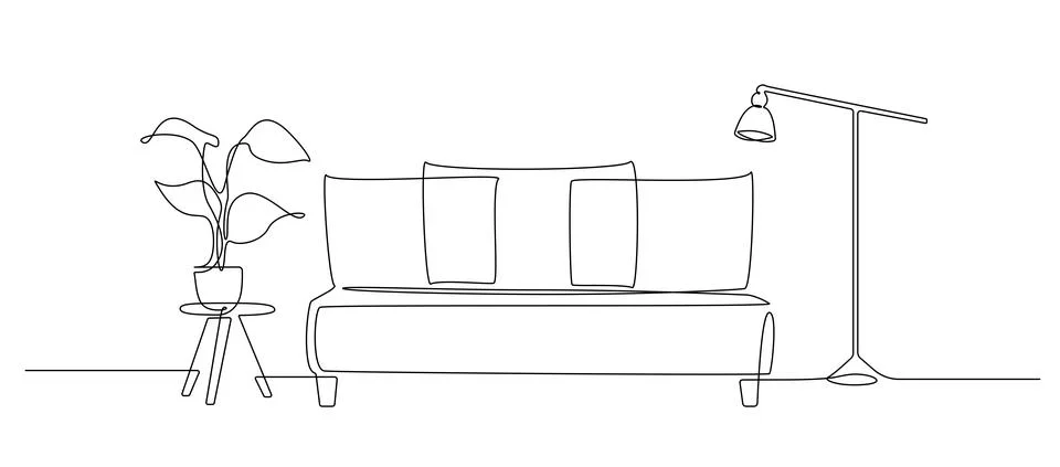 Continuous one line drawing of sofa and loft lamp and table with plant. Living Stock Illustration