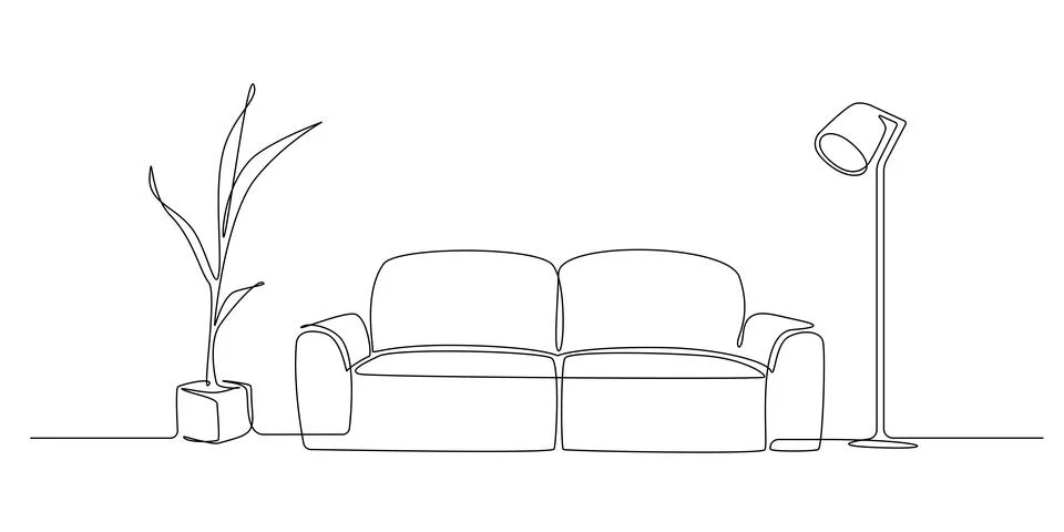 Continuous one line drawing of sofa and floor lamp and potted plant. Living room Stock Illustration