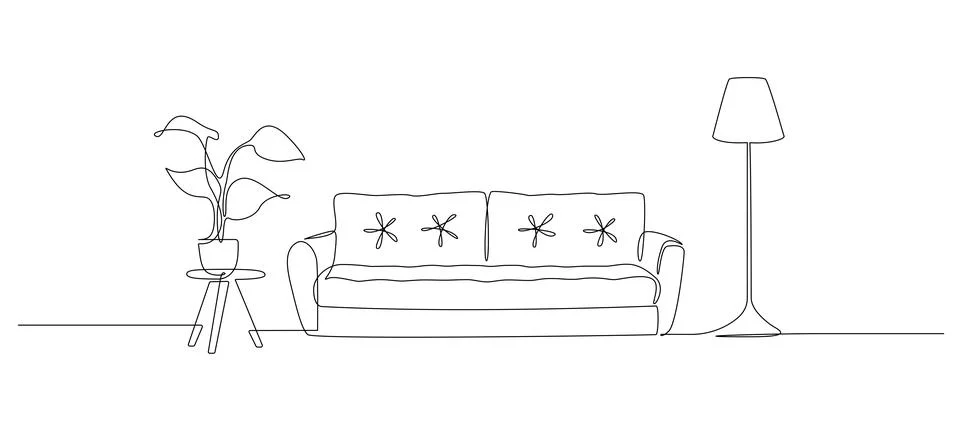 Continuous one line drawing of sofa and lamp and table with plant. Modern Stock Illustration