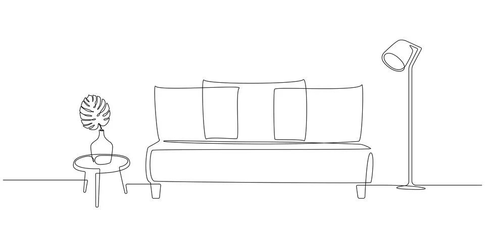 Continuous one line drawing of sofa and lamp and table with plant monstera Illustrazione stock