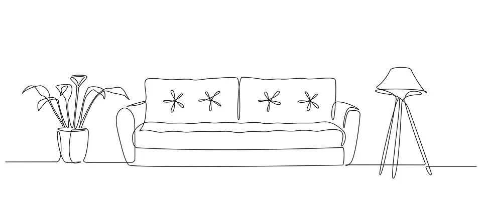 Continuous one line drawing of sofa and lamp and table with plant. Scandinavian Stock Illustration