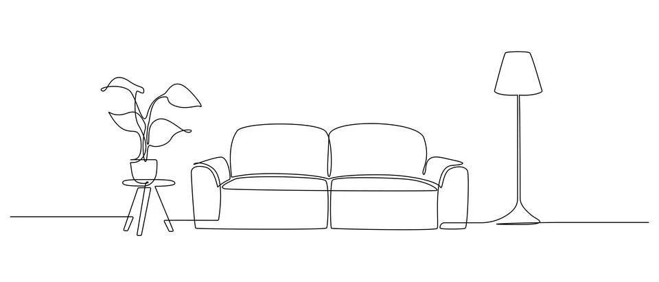 Continuous one line drawing of sofa and lamp and table with plant. Living room Stock Illustration