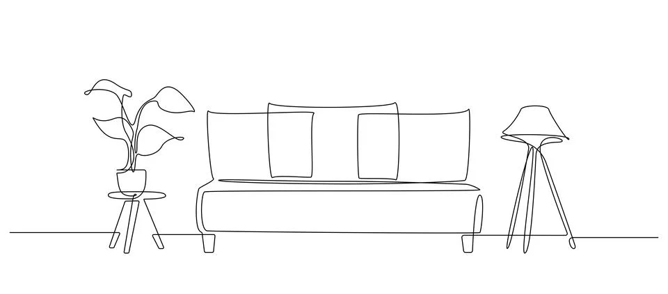 Continuous one line drawing of sofa and loft lamp and table with plant. Living Stock Illustration