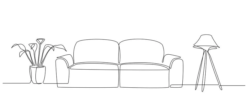 Continuous one line drawing of sofa and stylish lamp and potted plant. Living Stock Illustration