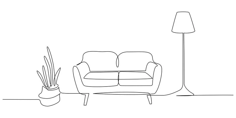 Continuous one line drawing of Sofa with lamp lampshade and home plant. Modern Stock Illustration