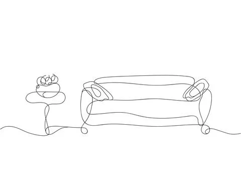 Continuous one line drawing of sofa and table with plate and fruit on it Stock Illustration