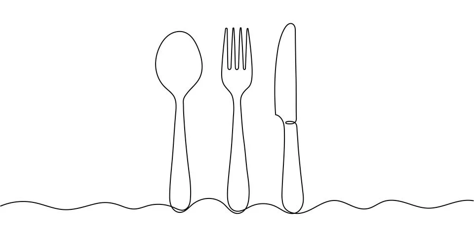 Continuous One Line Drawing. Spoons, Forks, Knife, Eating Utensils. Cooking.. Stock Illustration