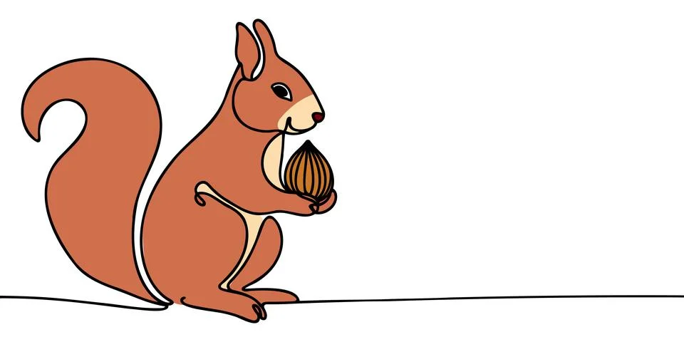 Continuous one line drawing squirrel sits eating nuts. Animals concept single Stock Illustration
