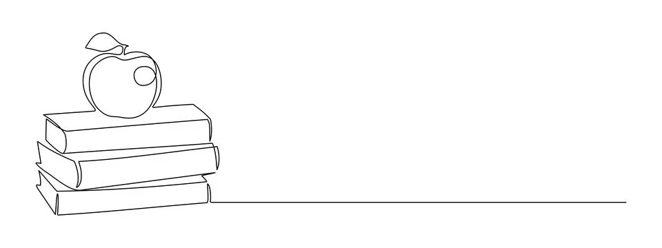 Continuous one line drawing of stack of books with apple. Education and Stock Illustration