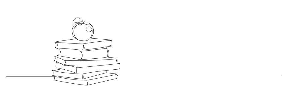 Continuous one line drawing of stack of books with apple. Education and Stock Illustration