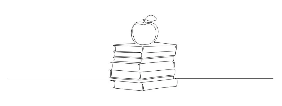 Continuous one line drawing of stack of books with apple. Education and Stock Illustration