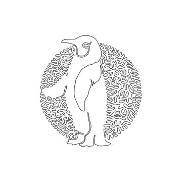 Continuous one line drawing of standing penguin. Abstract art in circle Stock Illustration