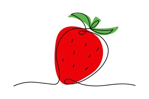 Continuous one line drawing strawberry fruit with red and green spots. Farmer Stock Illustration