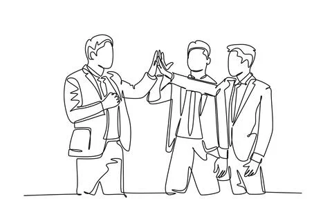 Continuous one line drawing three young happy businessmen celebrate their s.. Stock Illustration