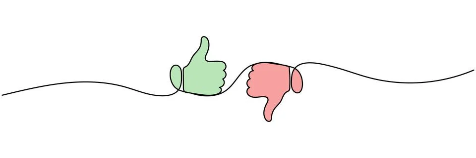 Continuous one line drawing of thumbs up and down, minimalist monoline like.. 库存插图