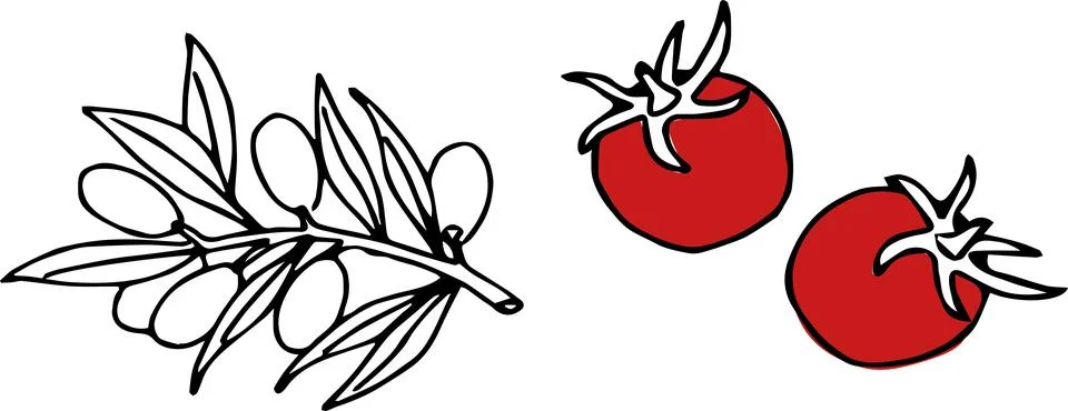 Continuous one line drawing of two tomatoes and an olive branch Stockillustratie