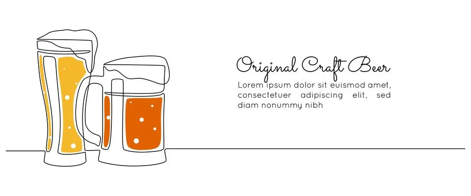 Continuous one line drawing of two beer glasses with foam. Craft drink alcohol Stock Illustration