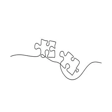 Continuous one-line drawing of two puzzle pieces on a white background. The Stock Illustration