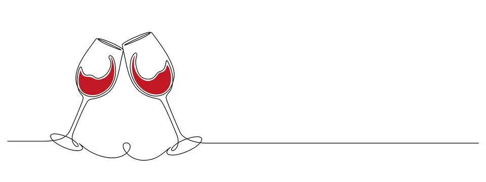 Continuous one line drawing of two glasses of red wine. Toast and cheers with Stock Illustration