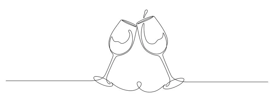 Continuous one line drawing of two glasses of red wine. Toast and cheers with Stock Illustration