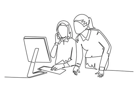 Continuous one line drawing of two young female workers learning work skill.. イラスト素材