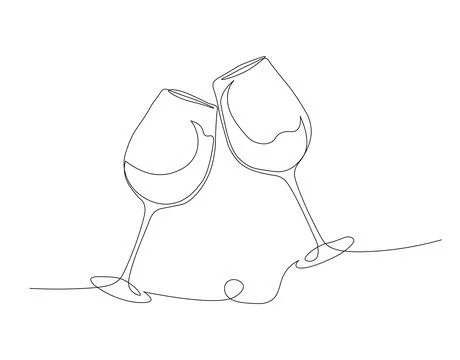Continuous one line drawing of two glasses of red wine. Toast and cheers with Stock Illustration