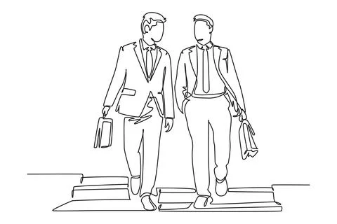 Continuous one line drawing two young success company business men take wal.. Stock Illustration
