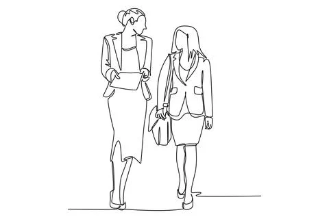 Continuous one line drawing two young success female company manager take a.. Illustrazione stock