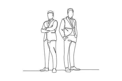 Continuous one line drawing of two businessmen standing with arms crossed. .. Stock Illustration