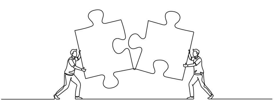 Continuous one line drawing of two businessmen puzzle jigsaw, successful bu.. Stock-Illustration