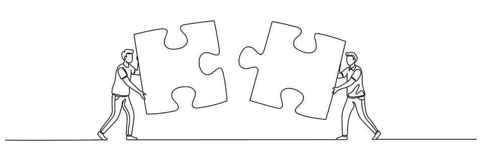 Continuous one line drawing of two businessmen puzzle jigsaw, successful bu.. Stock Illustration