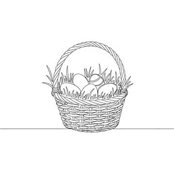 Continuous One Line Drawing of Wicker Basket with Easter Eggs and Grass イラスト素材